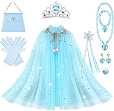 Princess Cape Set for Girls, Elsa Princess Cloak with Crown, Wand, Jewelry, Gloves, Princess Elsa Fancy Dress Up Sparkling Sequin Tulle Princess Cape Set for Halloween Christmas Birthday Cosplay