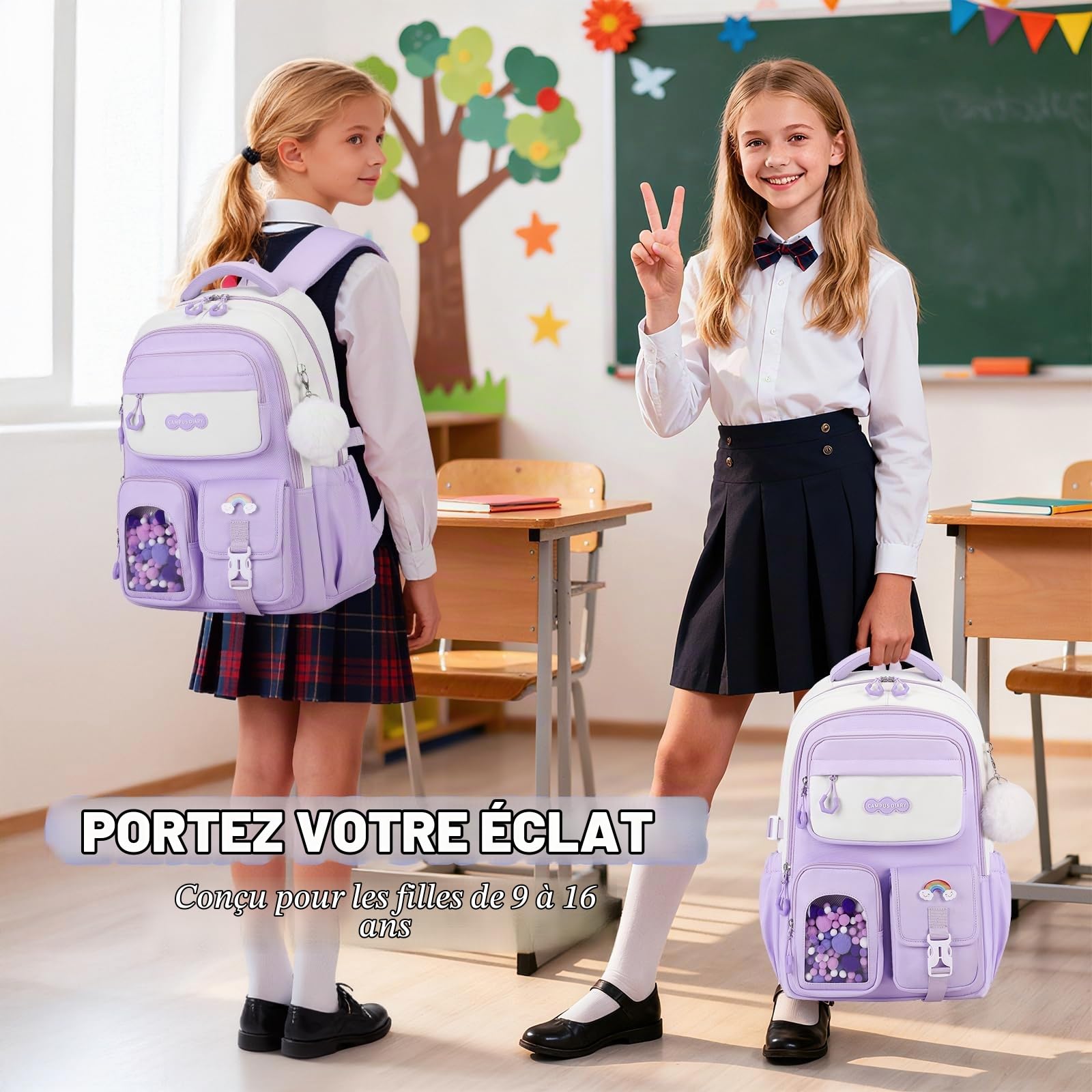 Amythe Sac à Dos Fille Kawaii, Cartable Scolaire Ado 24L, Cartable pour Fille Primaire Collège avec Réflecteurs (9-16 Ans), Sac D'école Enfant pour École Voyage et Loisirs, Violet