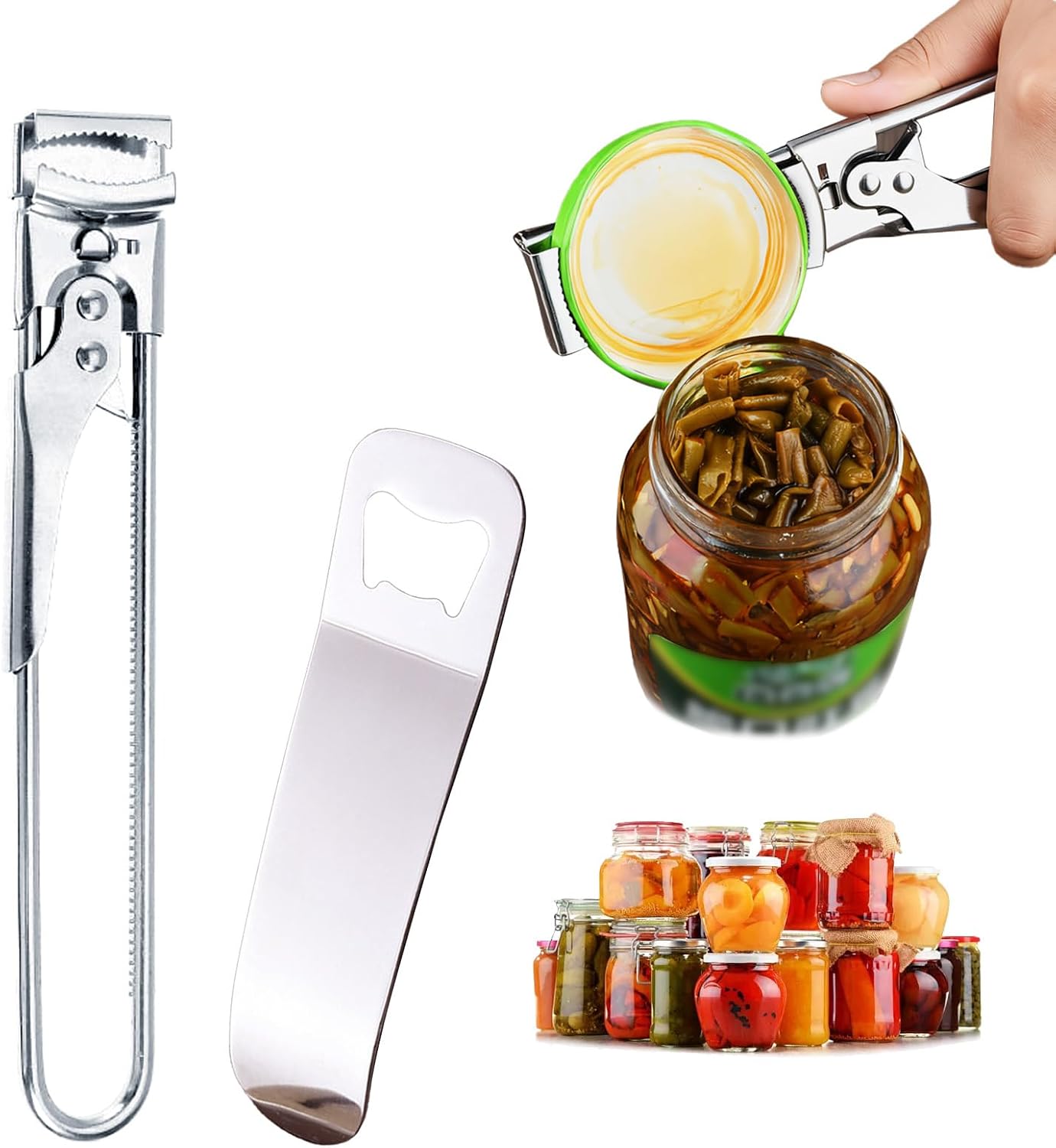 Stainless Steel Can Opener and Bottle Opener Set, Adjustable Jar Opener with Ergonomic Hand, Manual Can Opener for Arthritic Hands Elderly and Children, Jar Opener