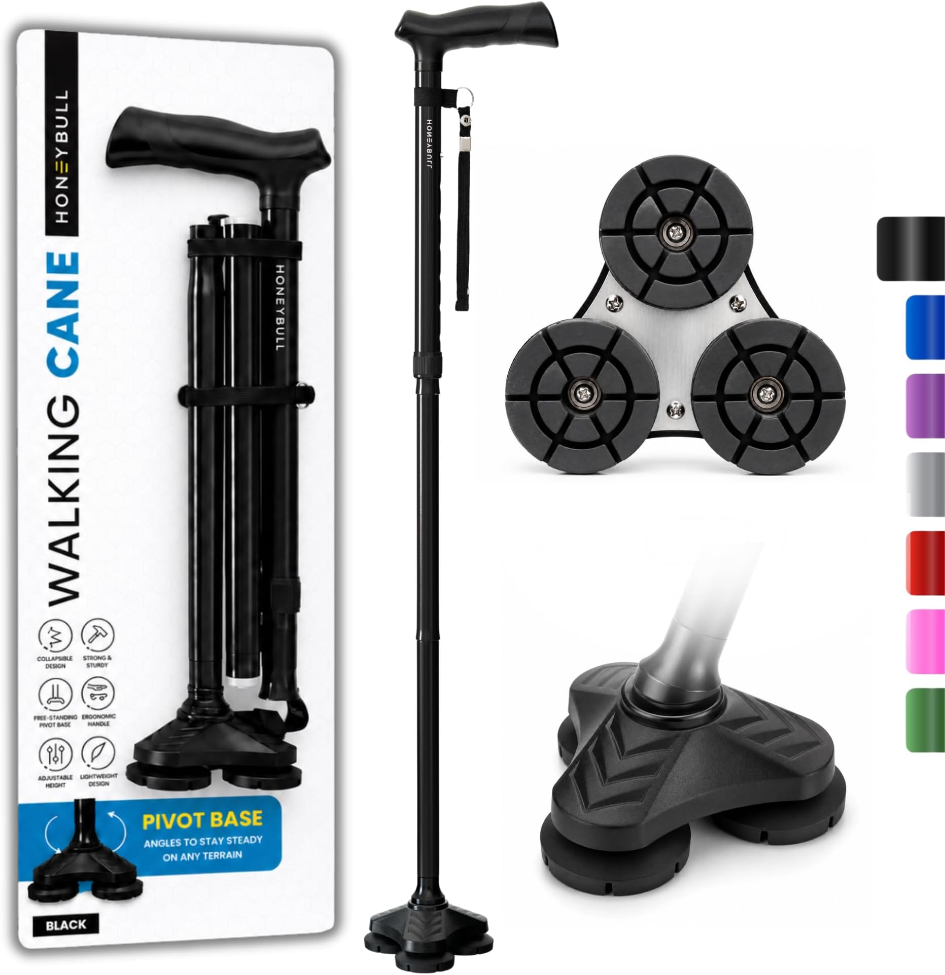 HONEYBULL Walking Cane for Men & Women Foldable, Adjustable, Heavy Duty, Free Standing, All Terrain, Collapsible Walking Sticks for Seniors & Adults