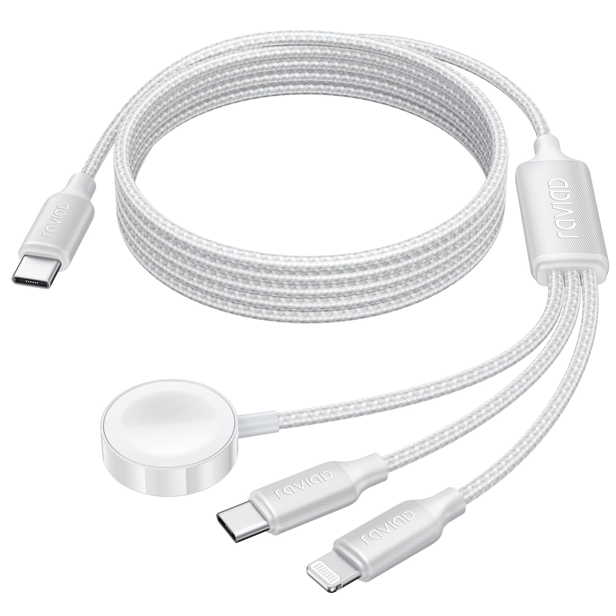 RAVIAD 3 in 1 Ladekabel für Apple Watch und iPhone Ladegerät USB C Kabel | Multi Ladekabel Kompatibel mit iWatch Ultra/SE/11/10/9/8/7/6/5/4/3/2, iPhone 17-11/iPad/AirPods, Galaxy, für Reise, Camping