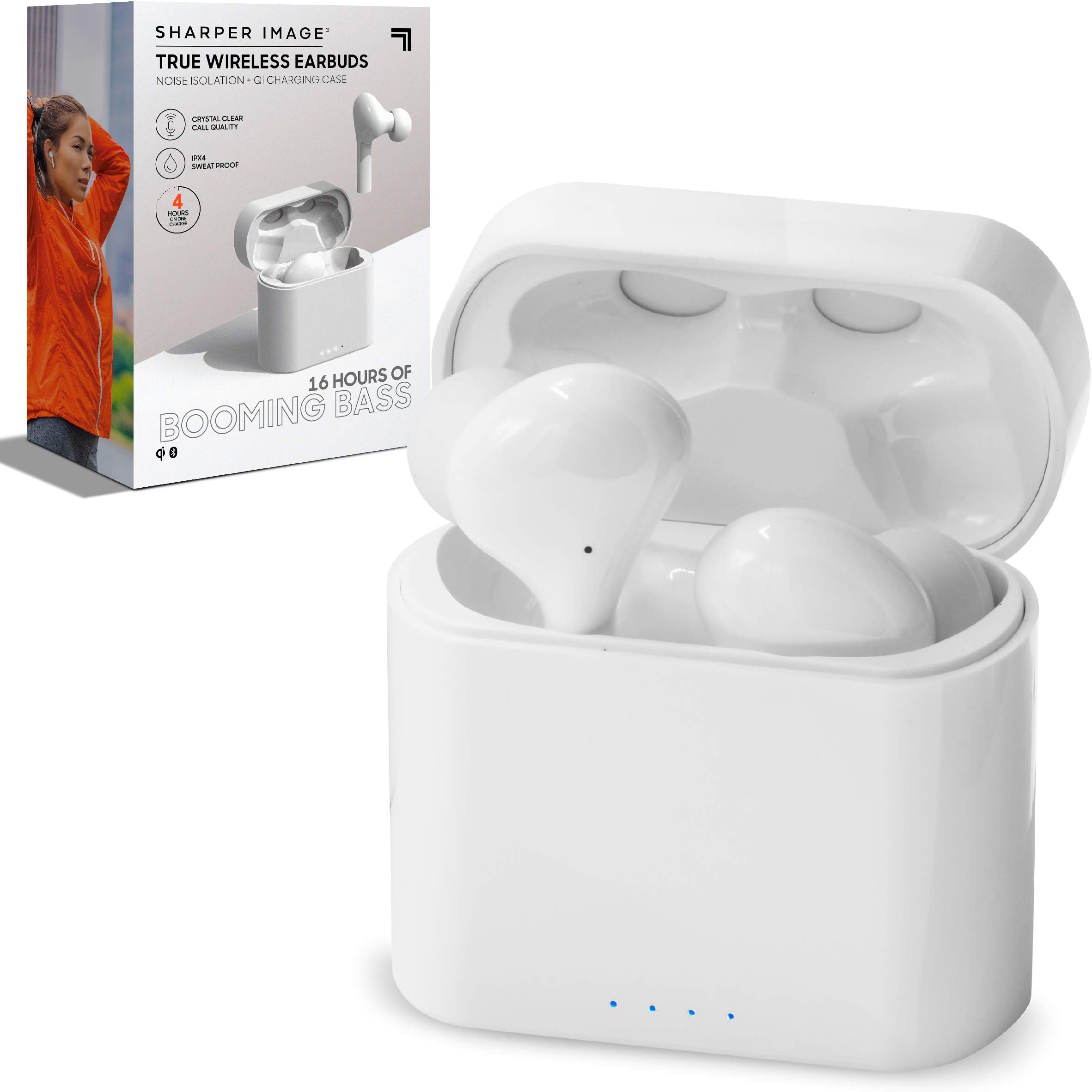 Sharper Image Soundhaven Wireless Earbuds, Bluetooth 5.0 with Qi Wireless Charging, Earphones with 4 Mics, 16 hr Playtime, Ergonomic Design, 5 Ear Tip Sizes