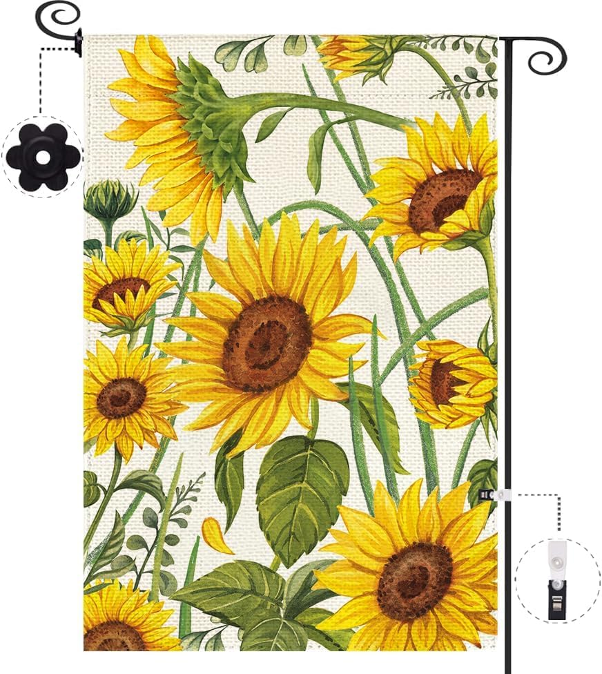 Baccessor Spring Summer Sunflower Garden Flag 12.5 x 18 Inch Double Sided Burlap Summer Yellow Flower Green Leaf Farmhouse Small Yard Flag Summer Holiday Seasonal Outdoor Outside Decoration