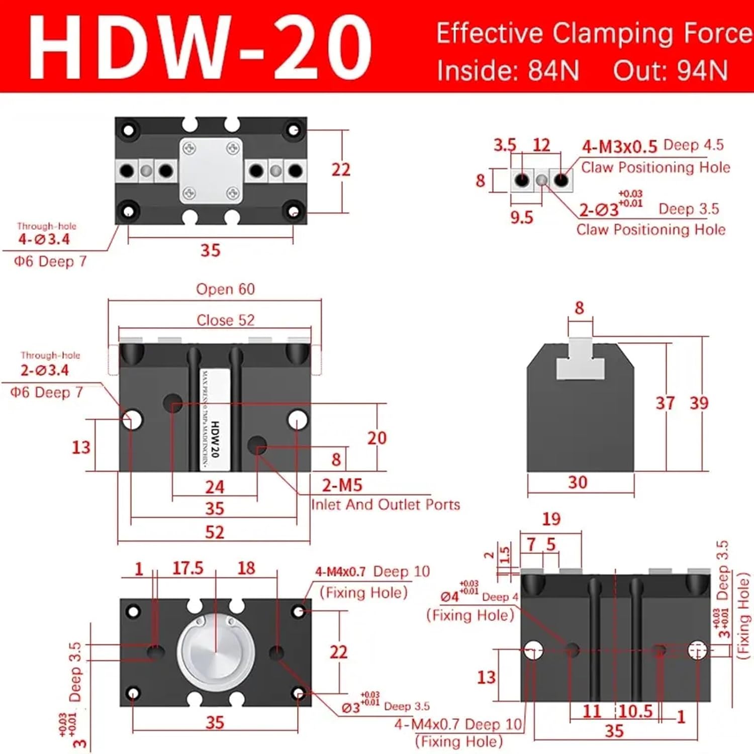 HDW20 HDW25 HDW32 HDW40 HDW50 HDW63 HDW100 Strong Parallel Mechanical Gripper FingerAir Gripper Pneumatic Cylinder 1Pcs(HDW20)