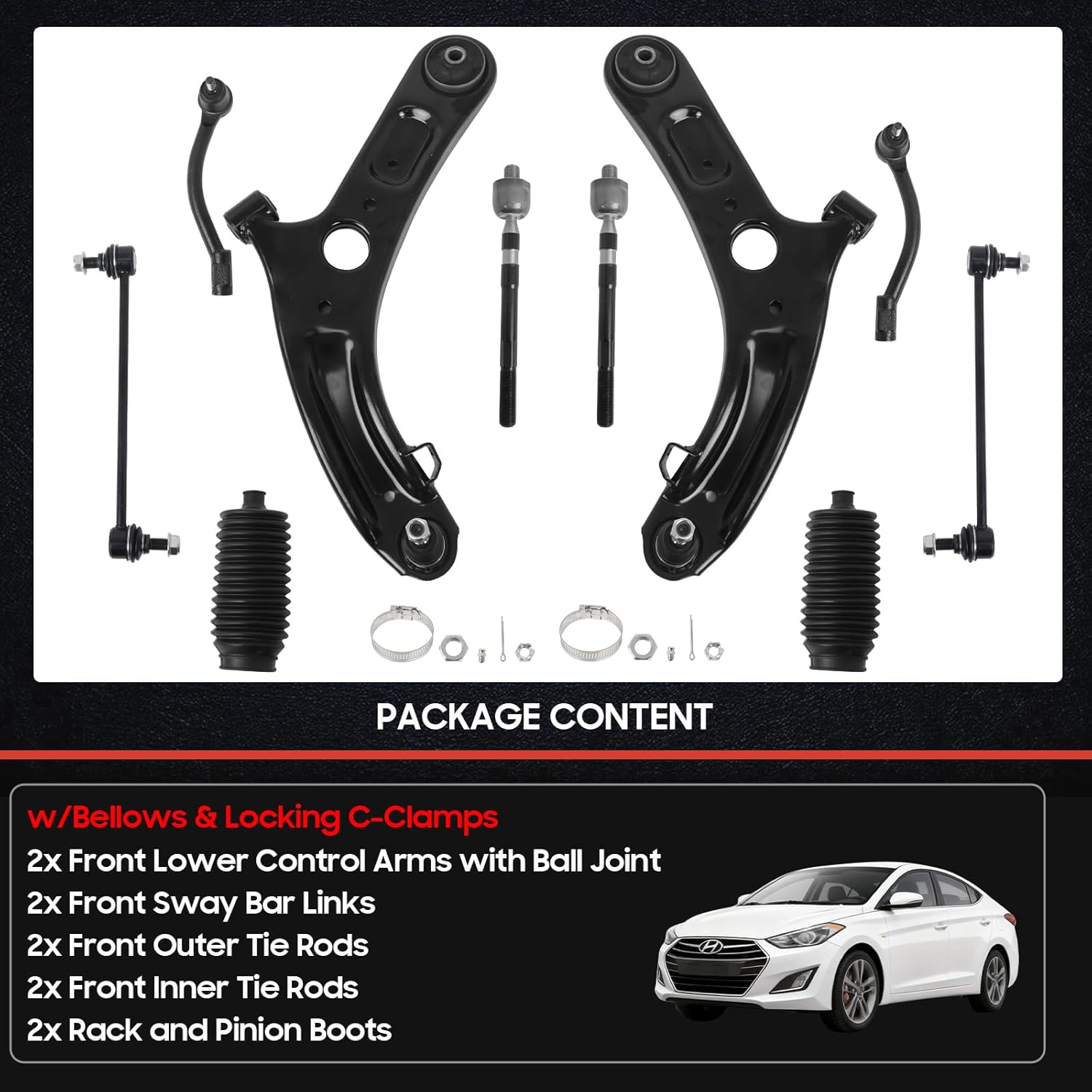 10Pcs Front End Suspension Kit for 2011-2016 Hy-undai Elantra Sedan/ 12-17 Veloster, 2 Lower Control Arm w/Ball Joint 2 Sway Bar Link 4 Outer & Inner Tie Rod End # K622232 K622646 EV800886