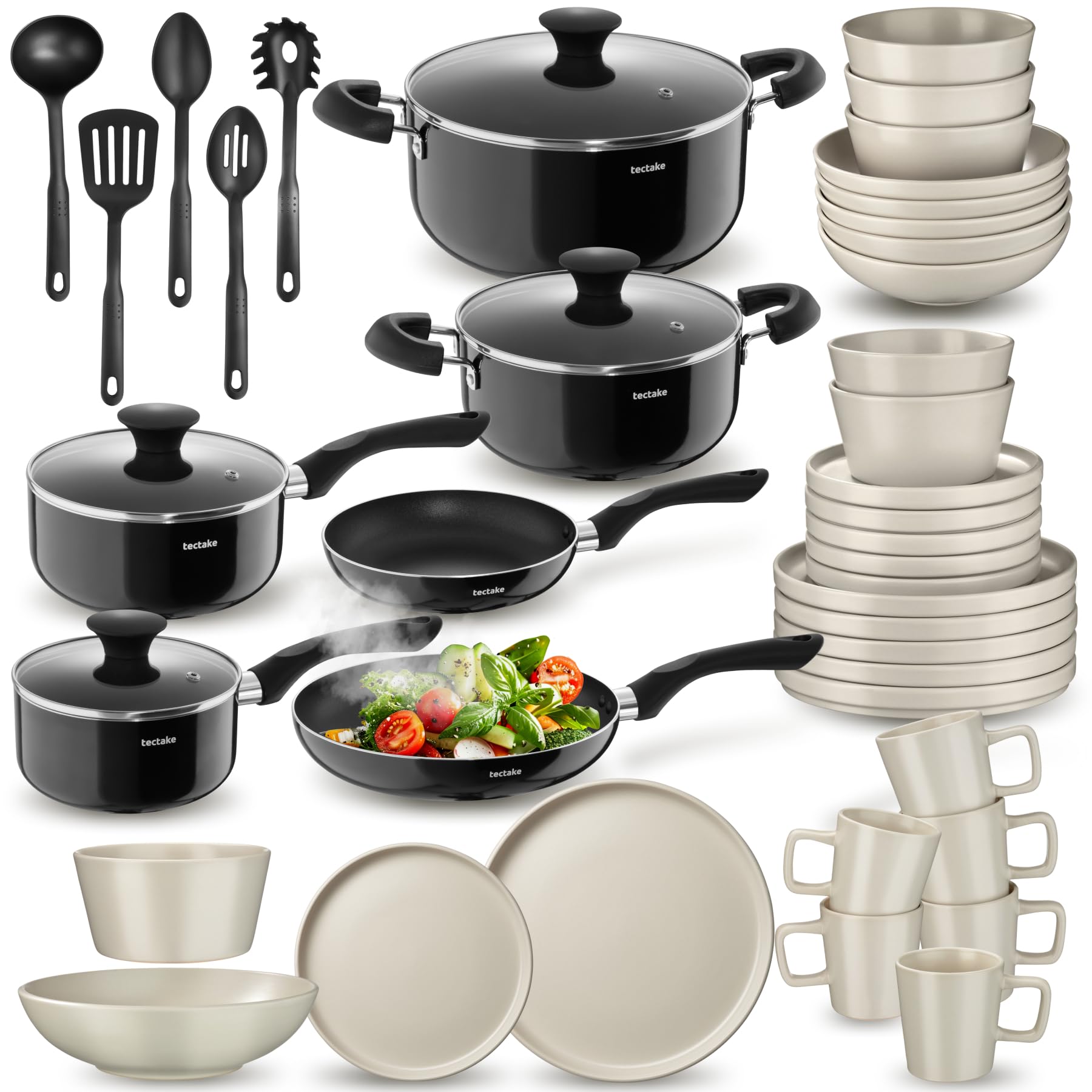 tectake® Juego de Vajilla Completa, Vajillas Completas Modernas, Platos Vajilla, Cuencos Cocina, Tazones Desayuno, Tazas Cafe, Ollas Aluminio Inoxidable - 45 Piezas Negro/Gris Topo