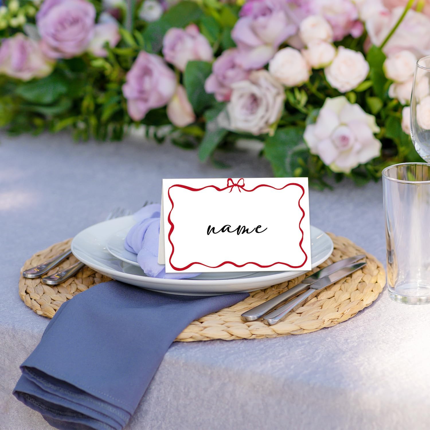 Red Bow Place Cards for Table Setting, Tent Cards Decor For Bridal Shower Baby Shower Party Reception Decorations, Wedding Placecards, 25 Pack Birthday Food Name Card, 2 x 3.5" /013
