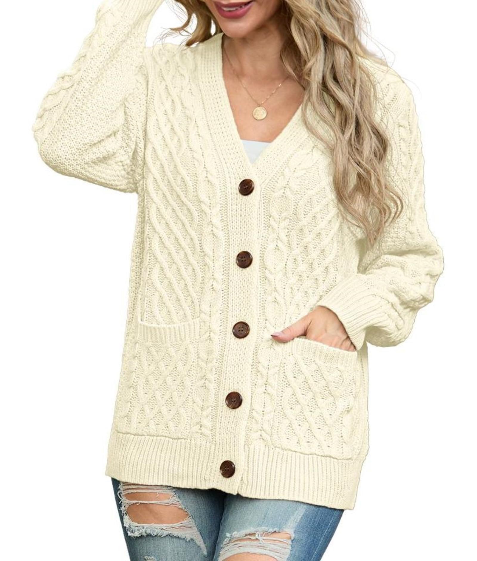 GRECERELLE Cardigan en tricot Aran à manches longues boutonné surdimensionné pour femme avec poches pour l'hiver, l'automne et le printemps