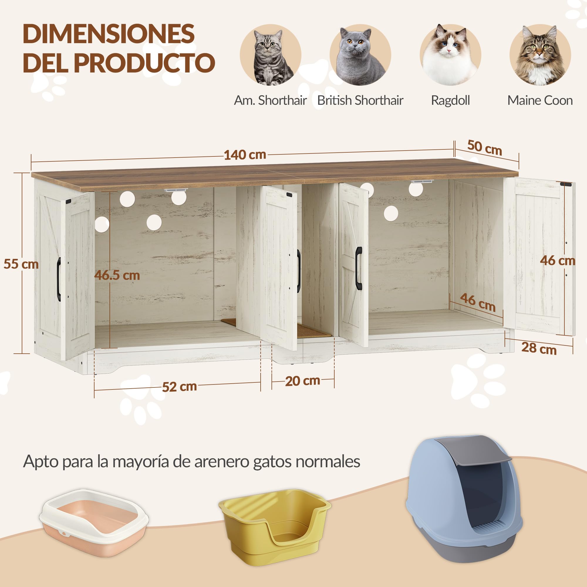 Mueble Arenero Gato para 2 Gatos, 140x50x55 cm, Marrón y Blanco | Mueble para Caja de Arena Oculta, Armario para Gatos con Alfombrilla para Rascar, Caseta Madera para Gato de Interior