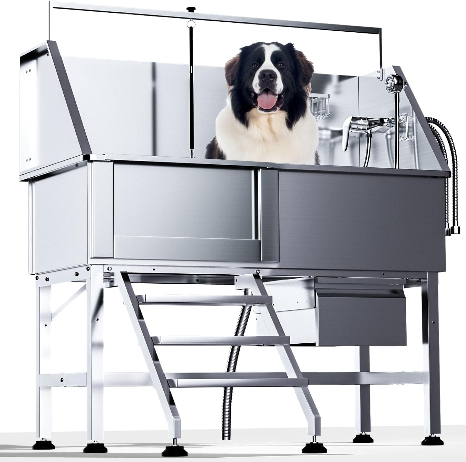 46" Dog Washing Station，Professional Stainless Steel Dog Bathing Station,Dog Grooming Tub with Storage Drawer,Floor Grate，Dog Bathtub for Large,Medium,Small Pets (46 Right Ramp)