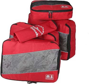 5 Set Packing Cubes for Travel Large Suitcase Luggage Organizer Bags Travel Accessories Vacation 4 Cubes 1 Laundry Pouch Bag, Red, L