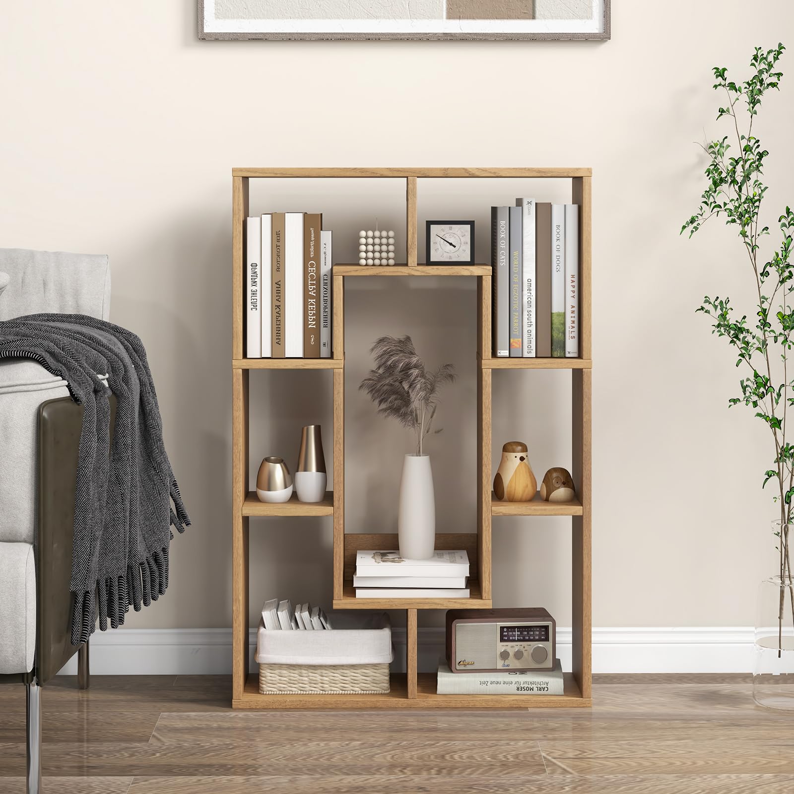 COSTWAY Libreria in Legno, Scaffale Aperto Geometrica a 7 Cubi, Scaffale da Esposizione con Dispositivo Anti-Ribaltamento, per Ufficio Soggiorno Camera da Letto, 60x20x90 cm (Naturale)