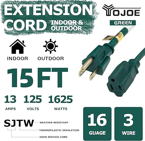 Miniatura 2 de YOJOE Cable de extensión para interiores y exteriores, calibre 16, SJTW, resistente, 15 pies, color verde, 3 clavijas 13A, resistente a la
