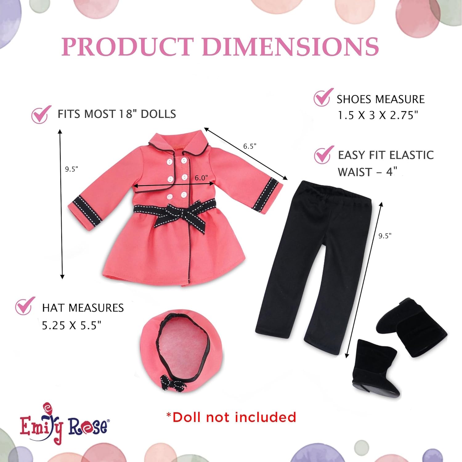 Emily Rose 18-inch Doll Clothes Pink 4-PC Outdoor Traveling Coat Outfit, Includes Black Leggings, Matching Hat and Black Boots | 18" Doll Clothing & Accessories Gift Set | USA Business