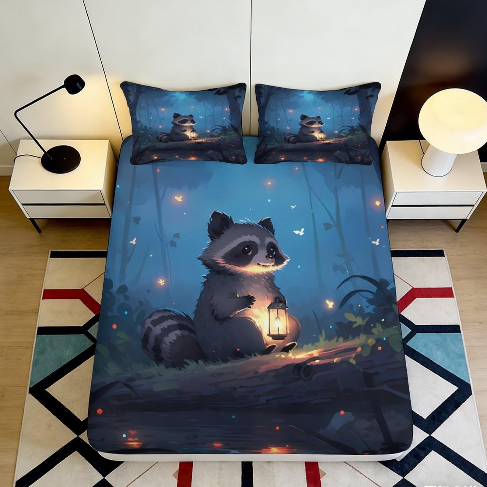Pnayamiorkfel Style-10 3D Printed Forest Raccoon Fitted Sheet Microfiber Soft Blue Cartoon Bed Cover Anti-Slip Machine Washable Home Decor 90X200x25cm