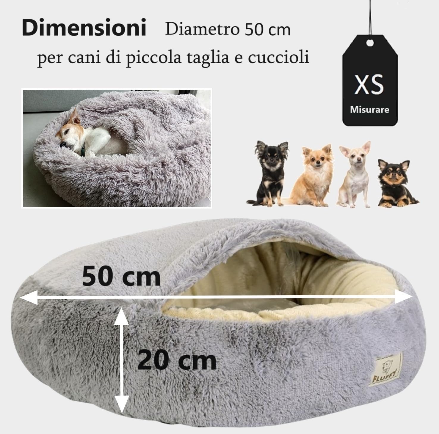 Cuccia per cani calmante soffice peluche per cani di taglia grande, taglia media, lavabile, anti ansia, letto per gatti di piccola taglia per gatti interni, letto a ciambella autoscaldante, XS 50 cm
