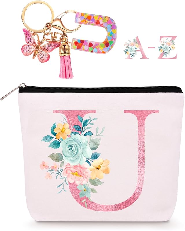 Necessaire de maquiagem Lingdeer com estampa de letra U e chaveiro