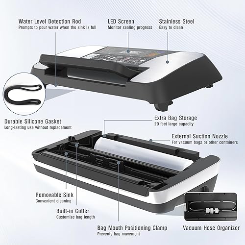 Miniatura 7 de Sellador al vacío de 230 vatios para alimentos, máquina selladora al vacío comercial con doble sellado térmico, mango de bloqueo fácil, 12