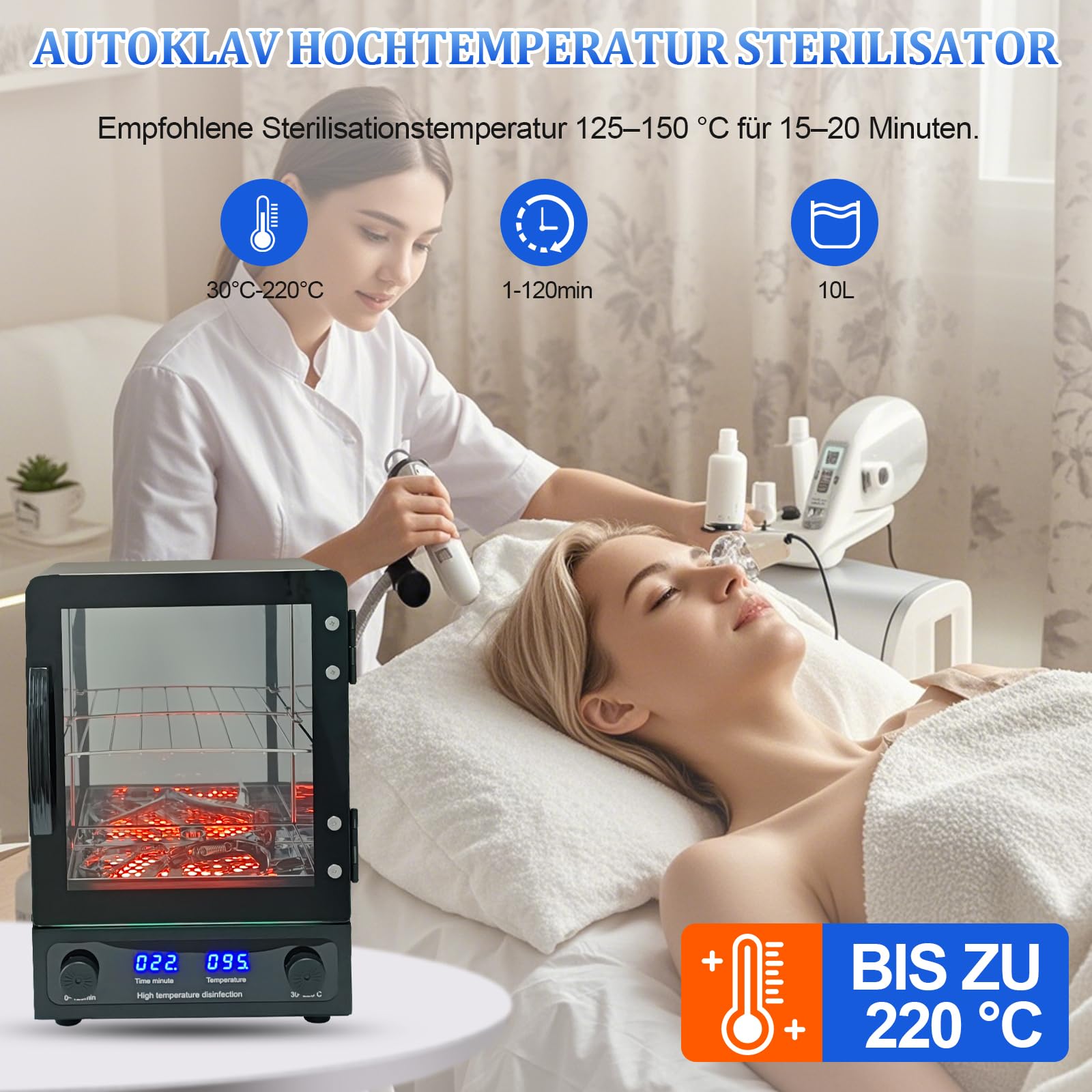 Professionell Heißluftsterilisator, 600W Autoklav Hochtemperatur Sterilisator, 10 Liter Sterilisator Für Instrumente Für Nagelwerkzeuge, Friseurwerkzeuge, Schönheitssalon
