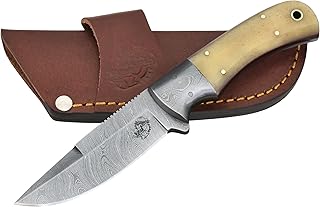 Knives Ranch Handmade All-Rounder Damascus Steel 7-1/2" Knife with Cattle Shin Bone Handle and Heavy-Duty Cow Leather Horizontal Carrying Cowboy Style Sheath (2142-B) - Knives Ranch