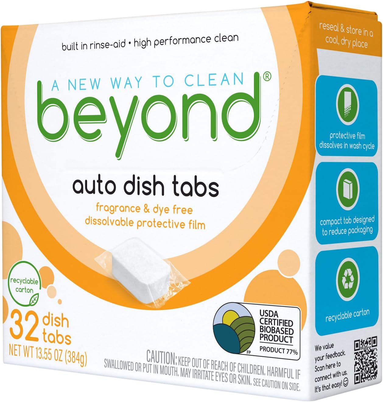 Beyond Natural Auto Dishwasher Tablets - USDA Certified 75% Biobased - Fragrance & Dye Free with Built-in Rinse-Aid (1 Box of 32)