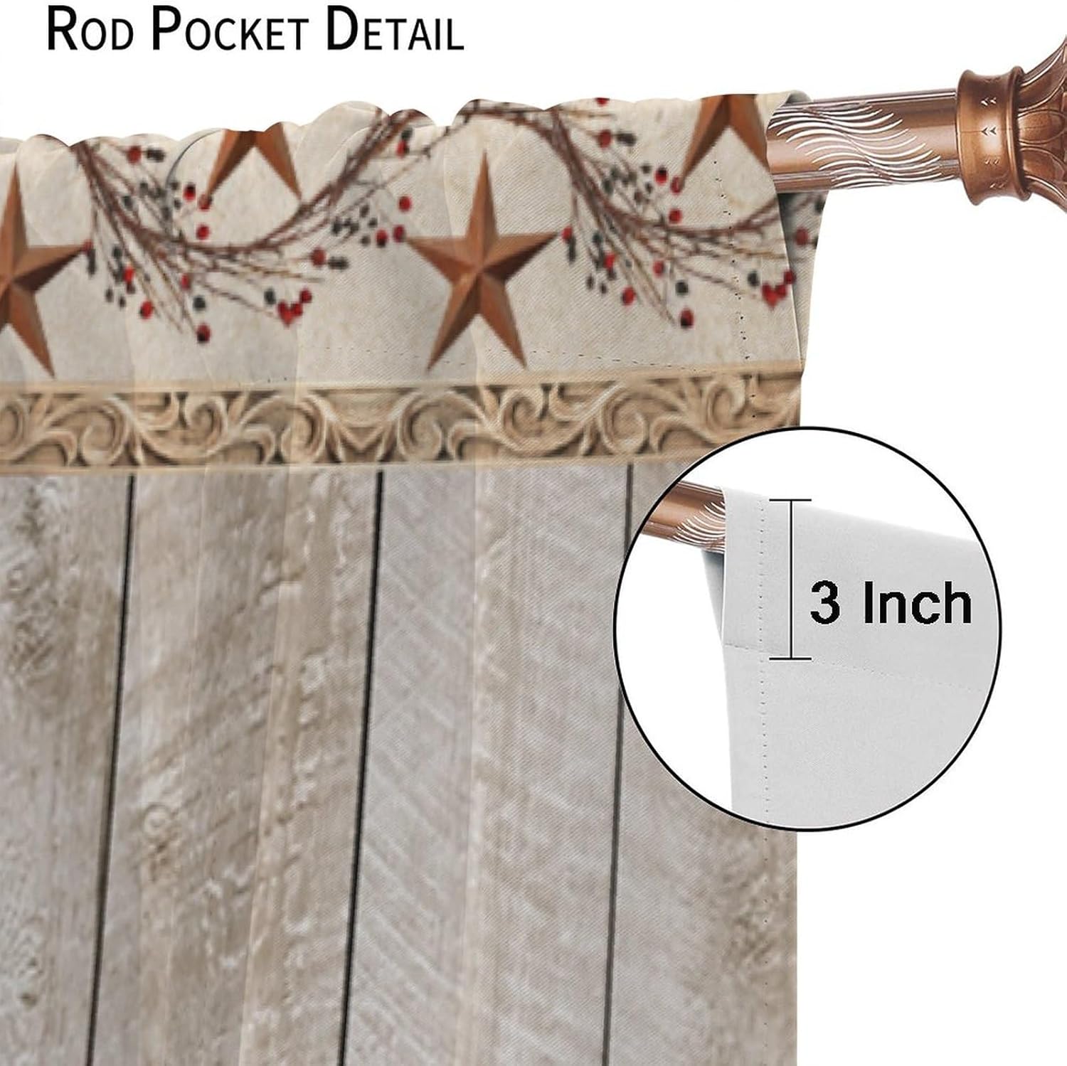 Western Style Star Curtains,Farmhouse Vintage Wooden Barn Door Polyester Fabric Window Treatments for Bedroom Living Room Kitchen Café Window Drapes 2 Panels Set,Total Size 55" x 63"