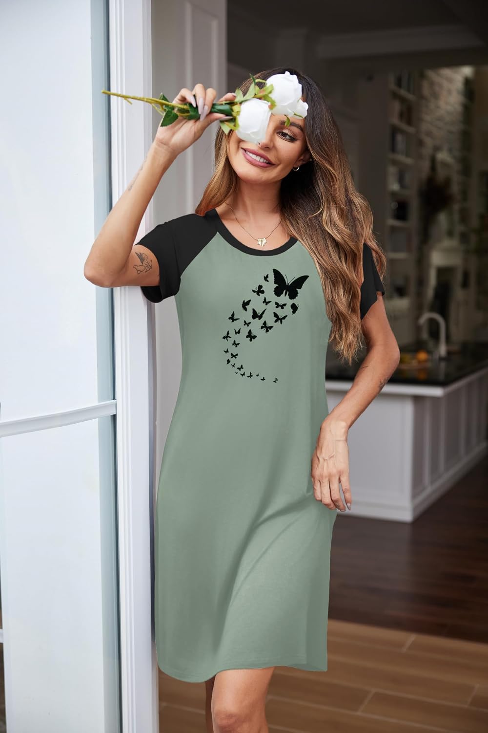 Ekouaer Nightgowns for Women Short Sleeve Night Dress Printed Sleepwear image 4