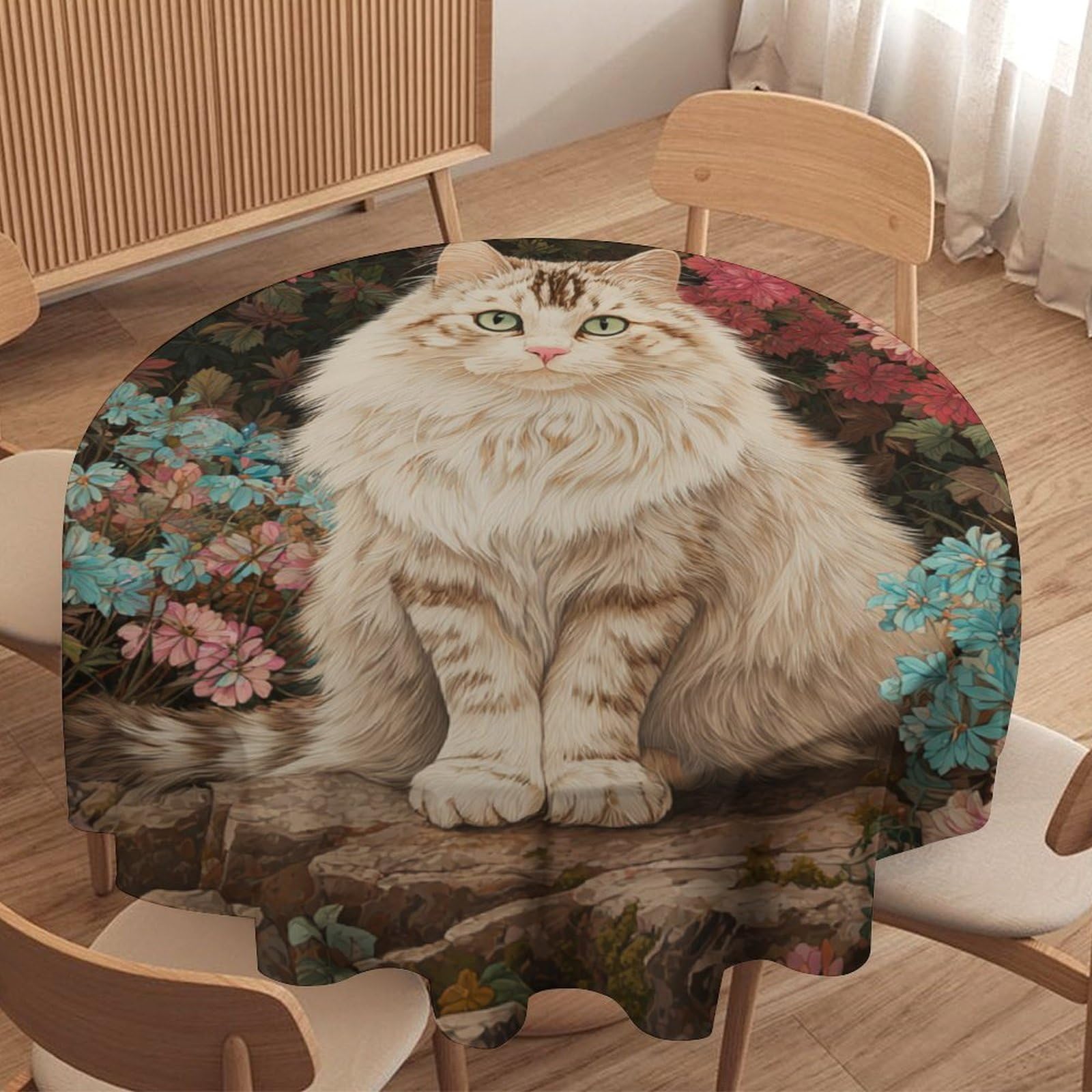LUYYSKY Rustic Watercolor Cute Cat Waterproof Round Tablecloth Mid Century Spring Garden Animals Kitten Pattern Washable Table Cover for Kitchen-127 Wx127 L cm