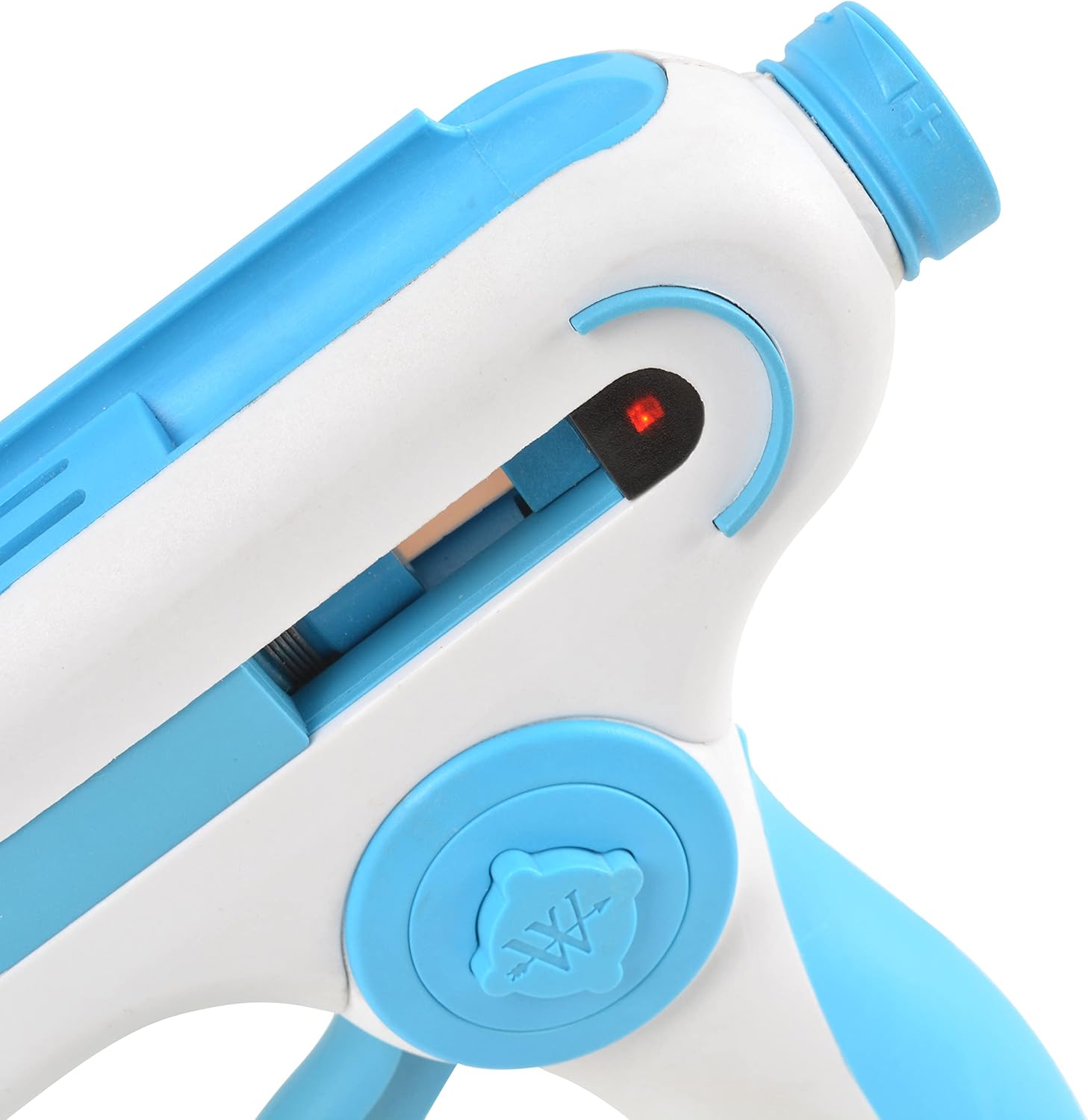 Close-up of the Westcott Hot Glue Gun showing a red indicator light, signifying it is heating