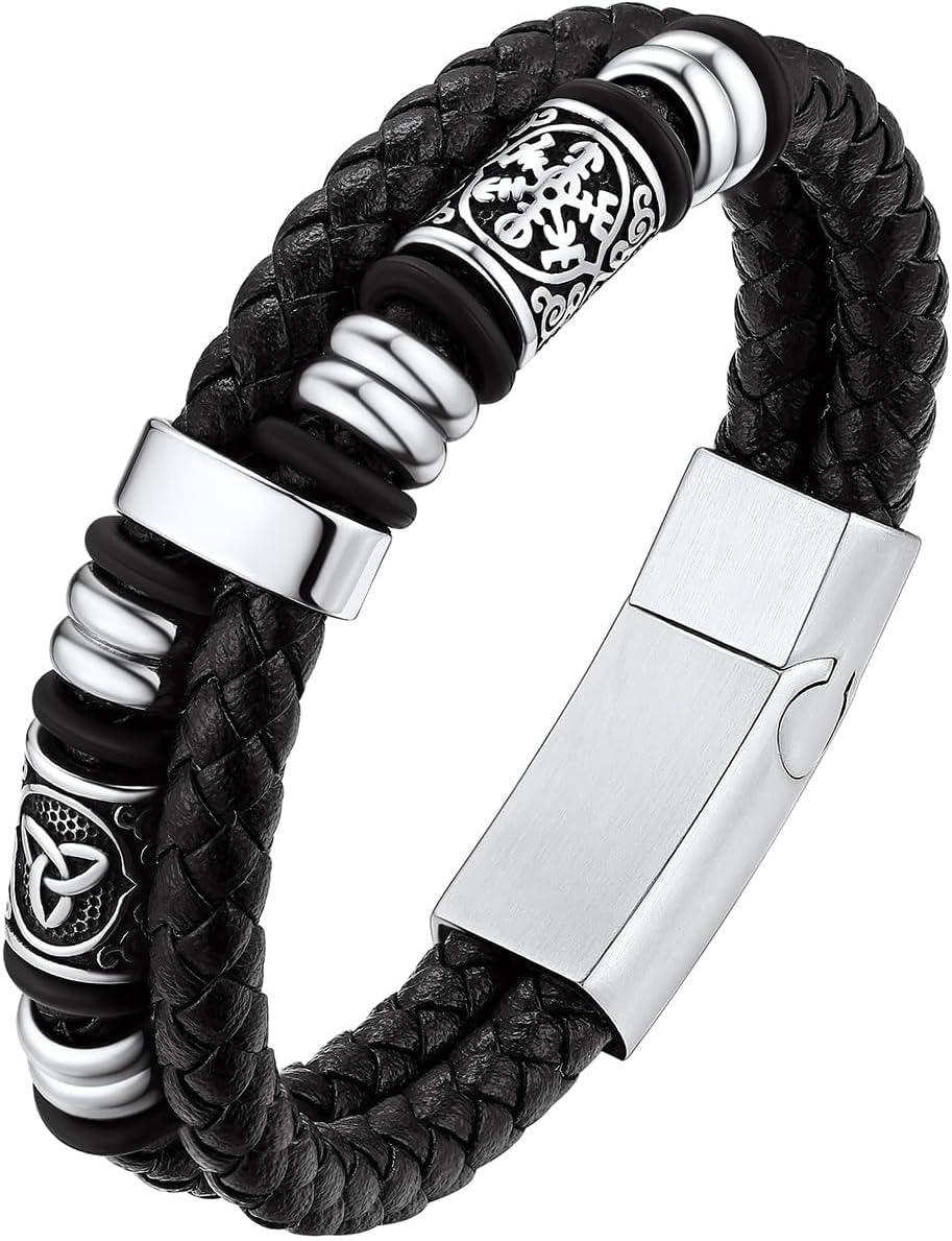 Bestyle Genuine Men Leather Bracelets Fashion Stainless Steel Celtic Beaded Wristband for Men, Size 7.5/8.3/9.1/9.8Inch Men Bracelet, Message Card Offered