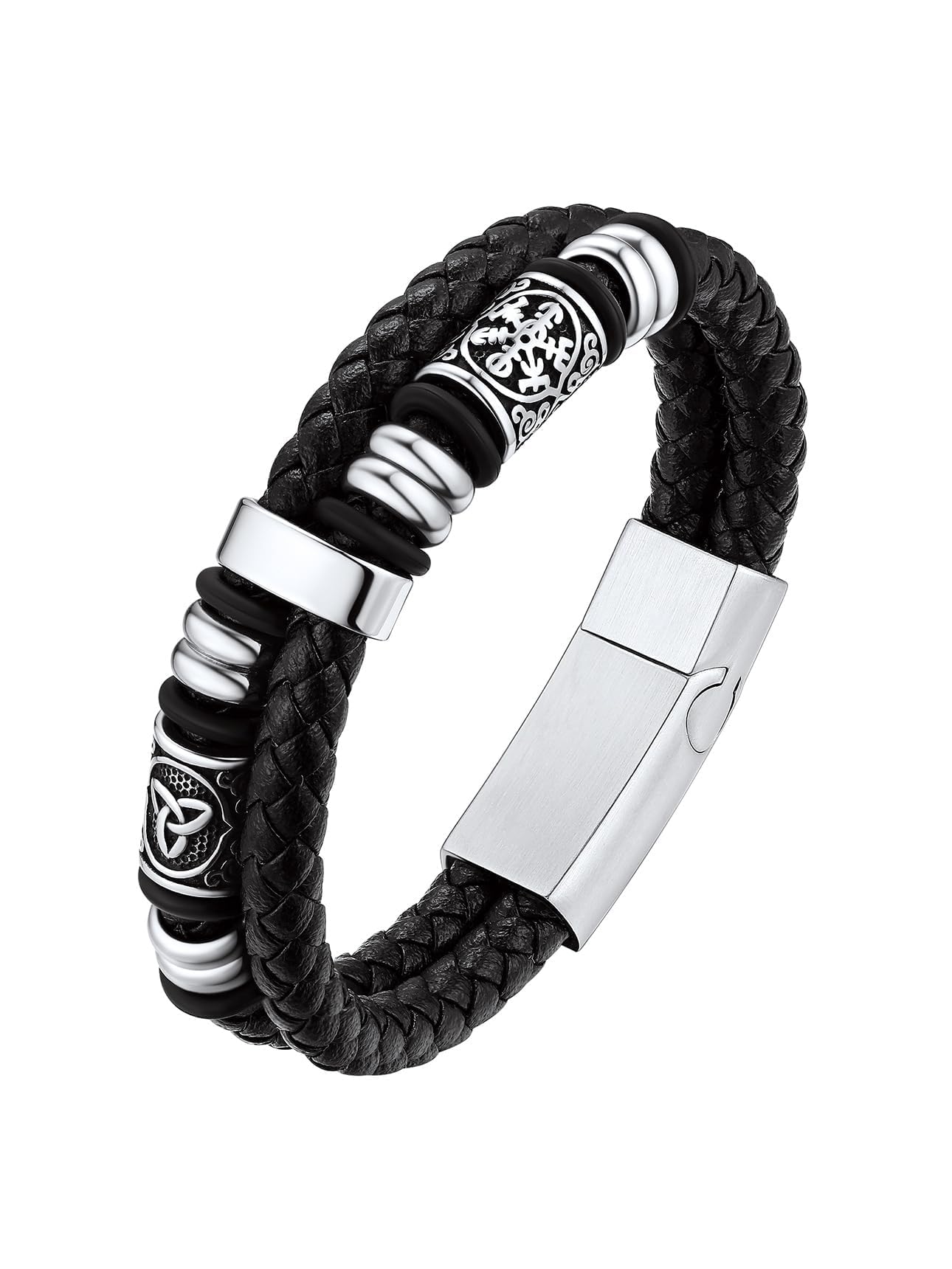 Bestyle Genuine Men Leather Bracelets Fashion Stainless Steel Celtic Beaded Wristband for Men, Size 7.5/8.3/9.1/9.8Inch Men Bracelet, Message Card
