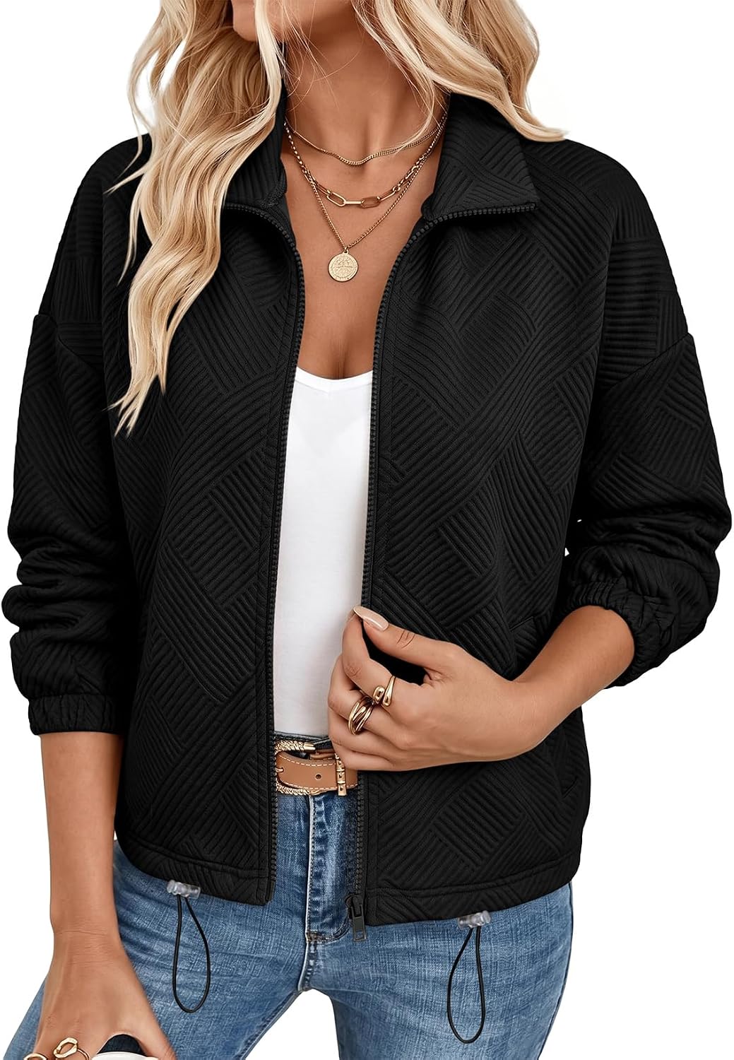SHEWIN Jackets for Women Collar Zip Up Texture Winter Jacket With Pockets Fall Outfits for Women 2026
