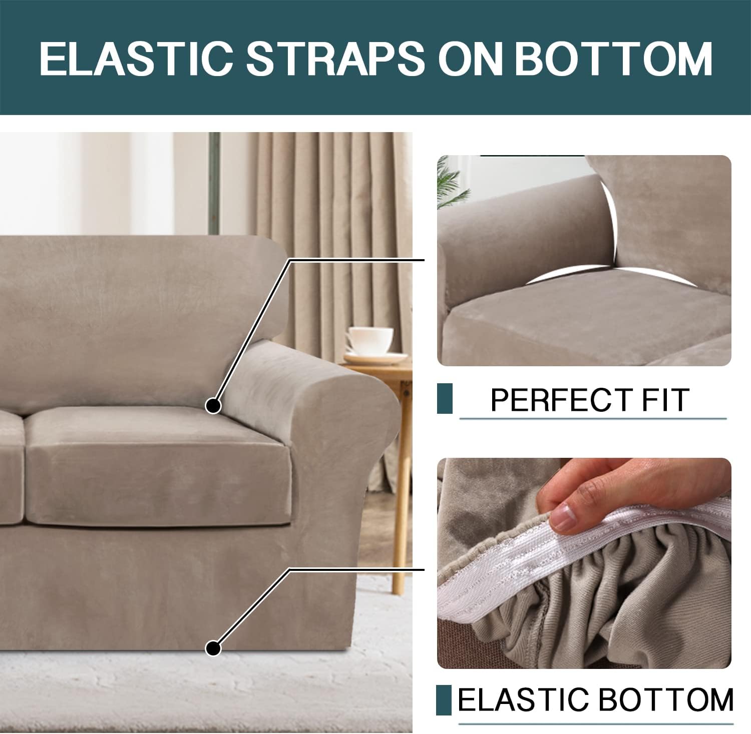 FantasDecor 4 Piece Sofa Covers Velvet Couch Covers for 3 Cushion Couch Bundle Velvet Chaise Longue Slipcover, Taupe
