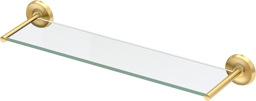 Gatco 5057 Designer II Bathroom Glass Shelf, Floating Rectangle Tempered Glass, Brushed Brass, Wall Mounted Shower Storage Shelf, 22.5 x 5.85 Inch
