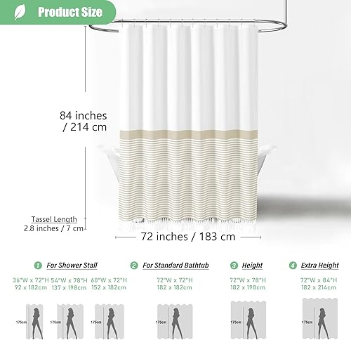 Miniatura 6 de Dynamene Cortinas de ducha extralargas, 84 pulgadas de largo, cortinas de ducha de tela a rayas bohemias con borlas para baño, juego de cortina de