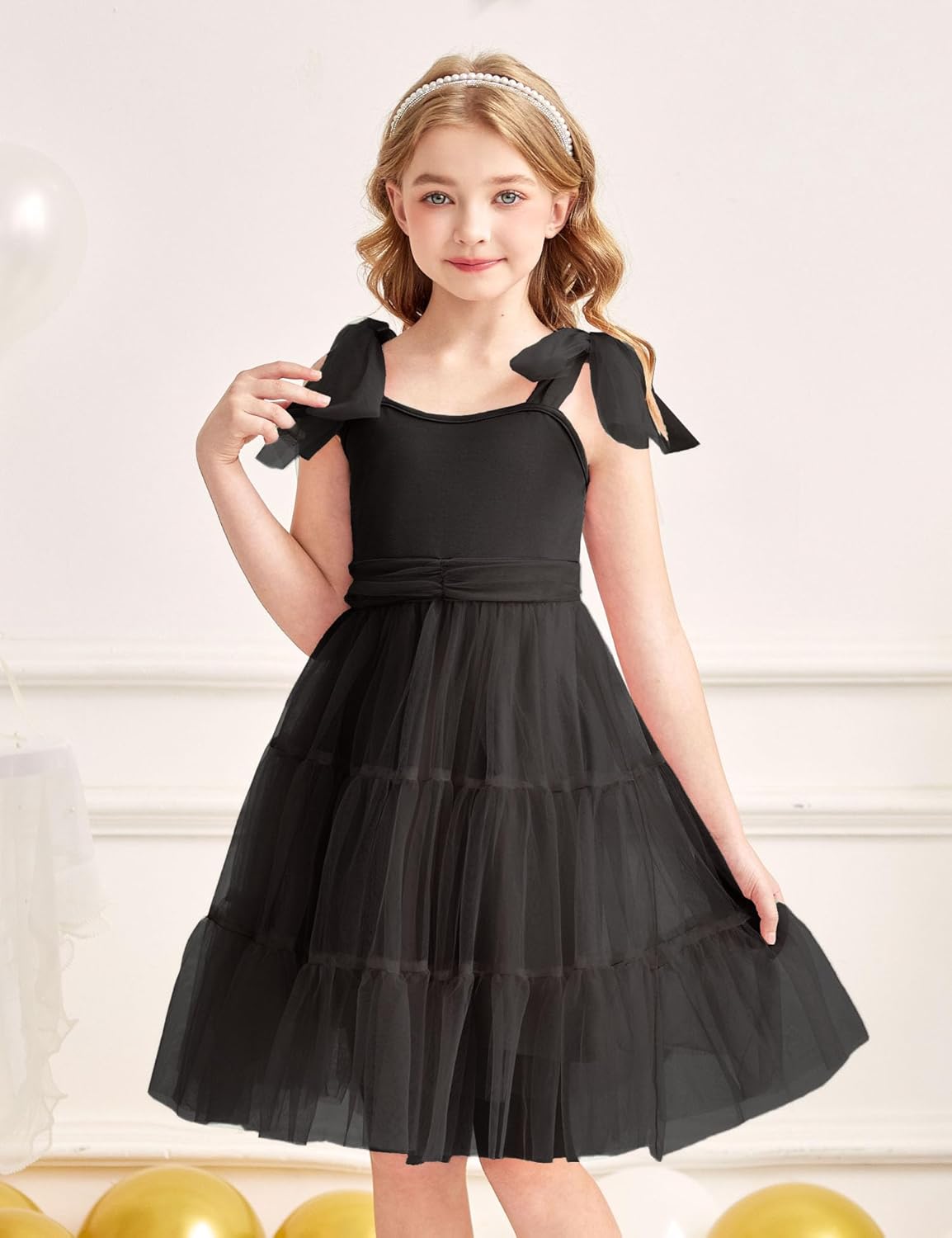 Arshiner Girls Dresses Summer Sleeveless Bow-Tie Straps Formal Fancy Party Birthday Tulle Dress - Image 3