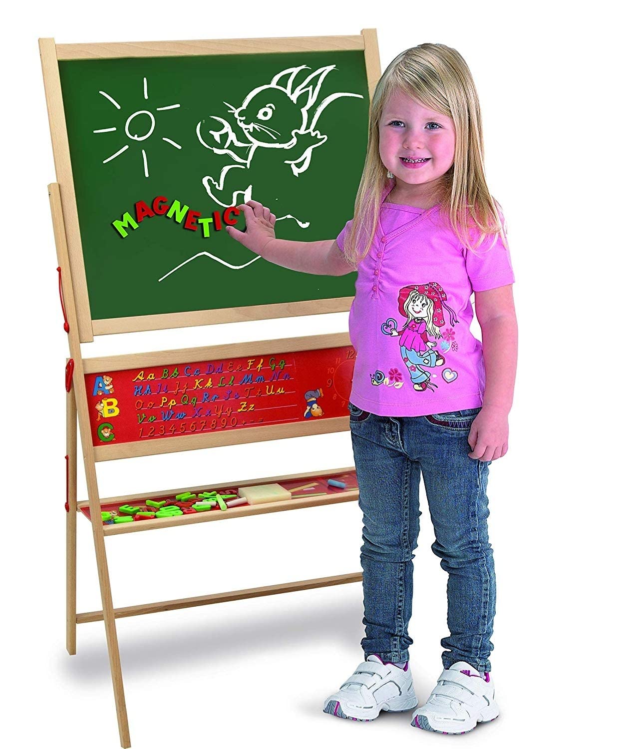 Eichhorn 100002579 - Magnet-Standtafel, 3 Jahre to 99 Jahre, 40x67x110cm inkl. 48 Magnetbuchstaben, 10 Kreiden und Schwamm, Buchenholz, Mehrfarbig