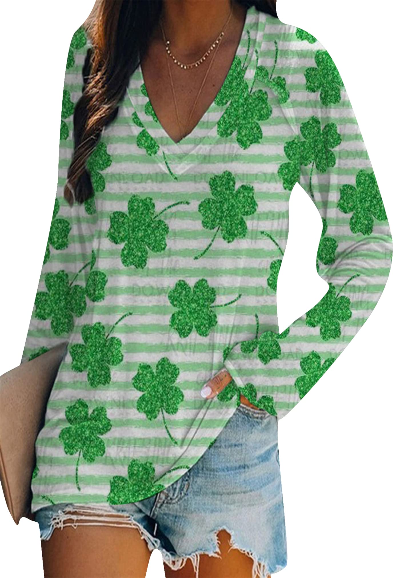 BOFETA Women St Patricks Day Sweatshirts Loose Long Sleeve Shirts Green Shamrock Print Blouse Flowy Color Block Pullover Tops