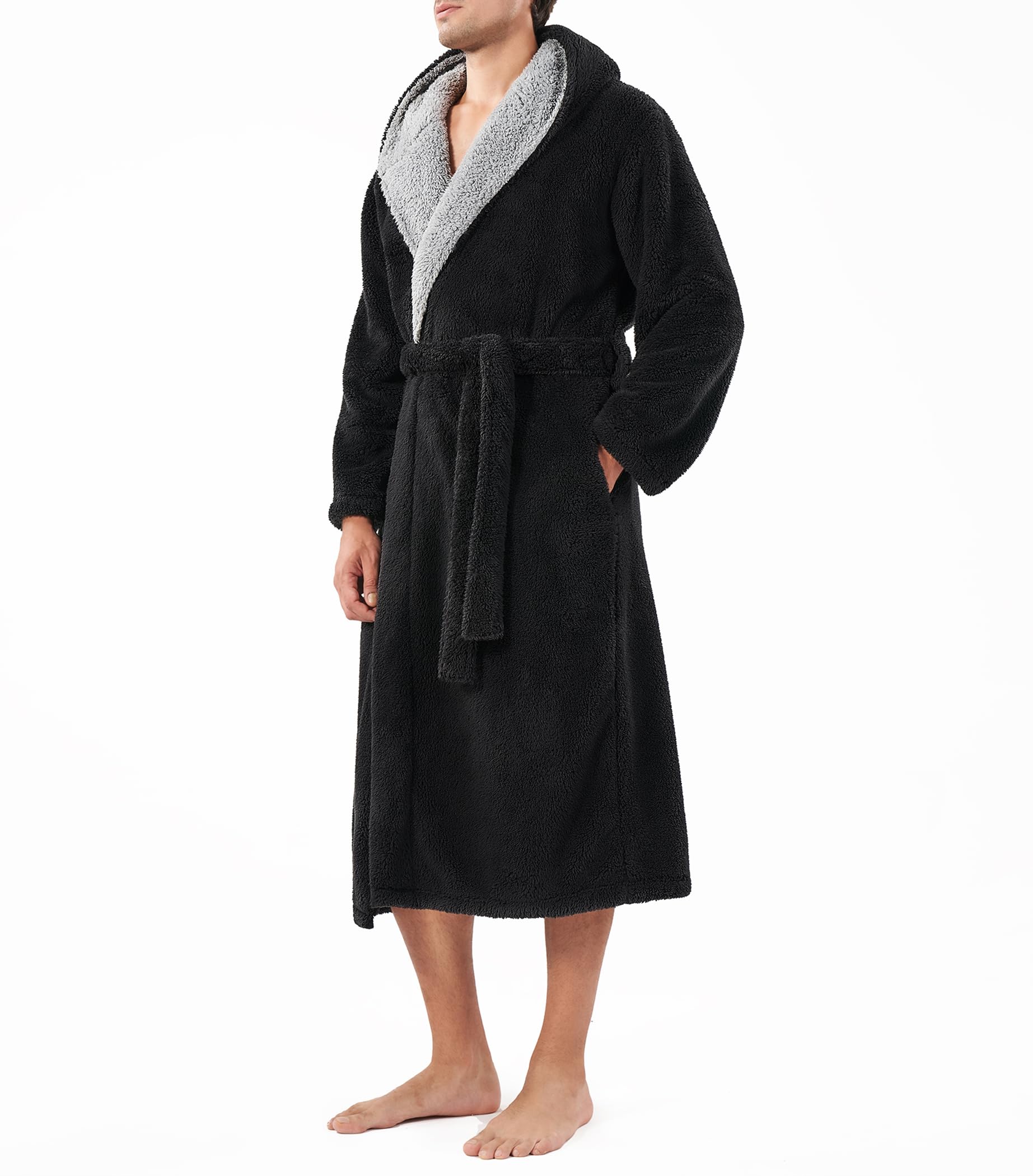 DAVID ARCHY Men's Soft Fleece Plush Robe Full Length Long Bathrobe, A3, Black- Shu Velveteen, Large-picture-16