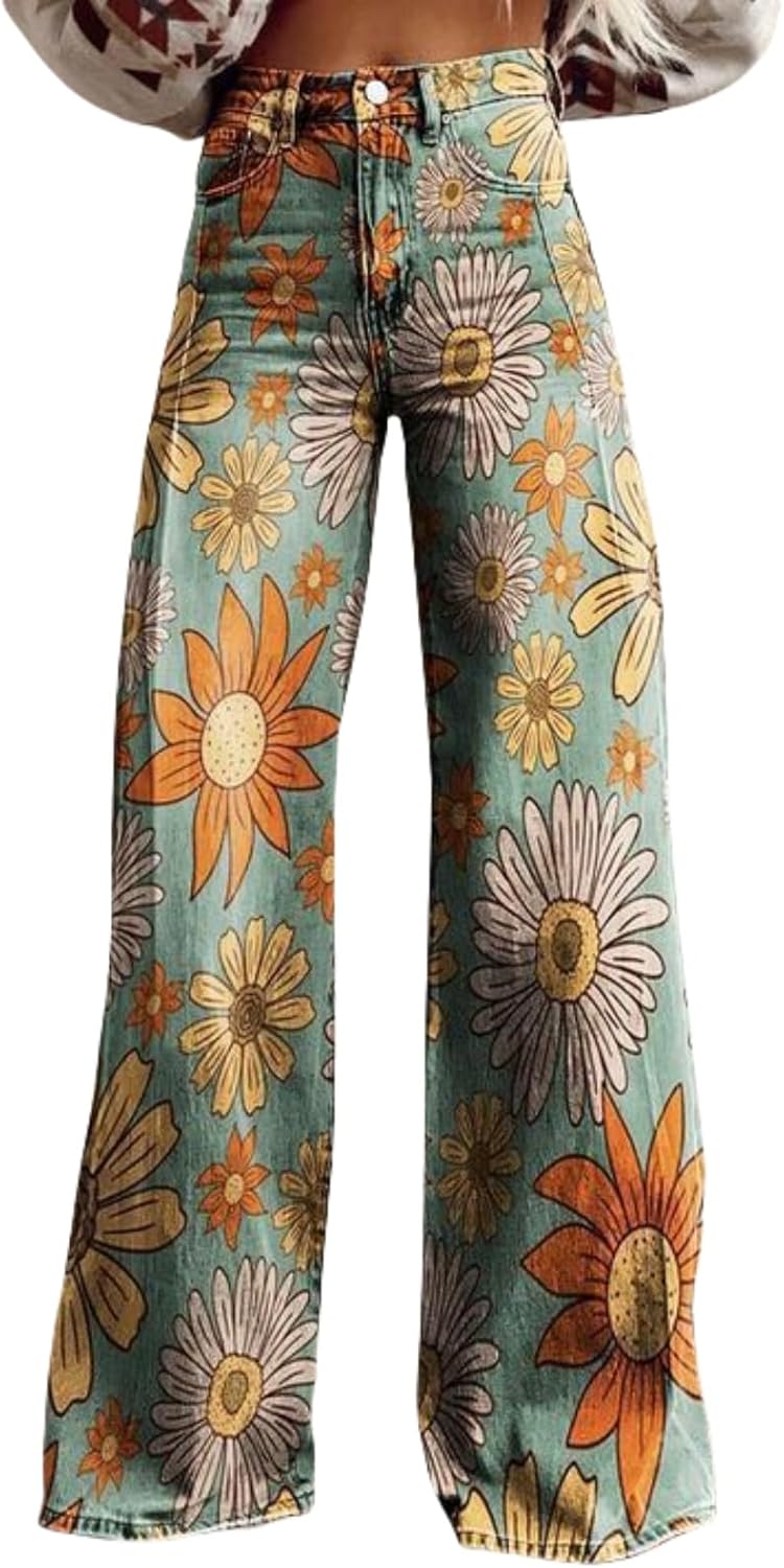 Women's Wide Leg Flared Jeans with Pockets, Vintage Floral Print, High Waist Loose Pants, Printed Ladies Jeans