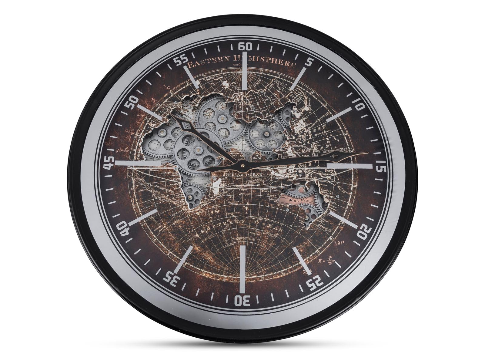 formano Große Moderne Wanduhr Welt mit Beweglichen Zahnrädern 60cm, Metall Clock