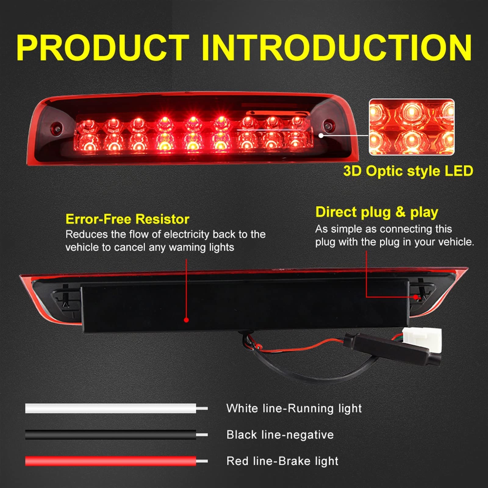 1pcs Car LIGHT RED Smoke Third Brake Cargo Light Fit For Dodge RAM 1500 2500 3500 2009-2018 OEM:55372082AB (Color : 1pcs LED Smoke Lens)