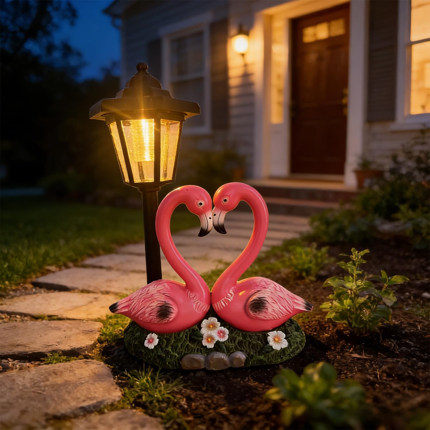 Flamingo Stump Statue Outdoor Solar Garden Decor for Outside Lawn Yard Patio, Home Office Valentine's Day Decorations Indoor Lights, Ideal Ornaments Birthday Gifts for Mom Women Grandma(1 Pack)