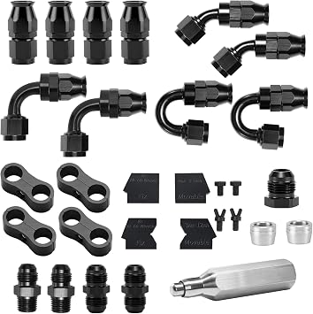 6AN PTFE Hose End Fittings Kit 0/45/90/180 Degree Fittings with 6AN Male to Male Straight Flare Coupler, 6AN Male Flare to 1/4" NPT Adapter & Hose Assembly Tool For PTFE Fuel Line, Black