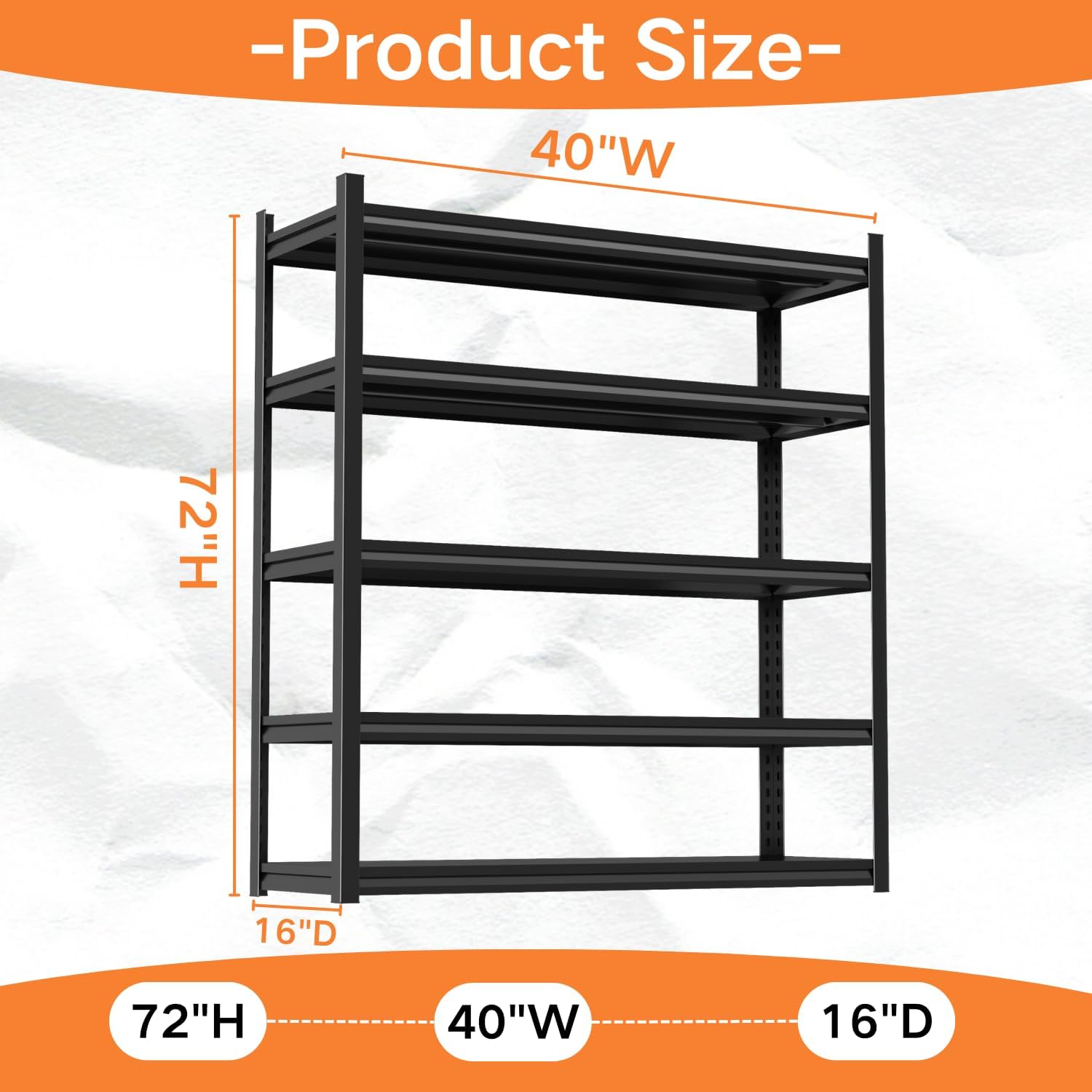 72''H Metal Garage Shelving, 5-Tier Heavy Duty Shelving Unit, Adjustable Garage Storage Shelves, Utility Rack Shelf for Industries, Warehouses, Basement(Black, 72''H*40''W*16''D, 5 Tier)