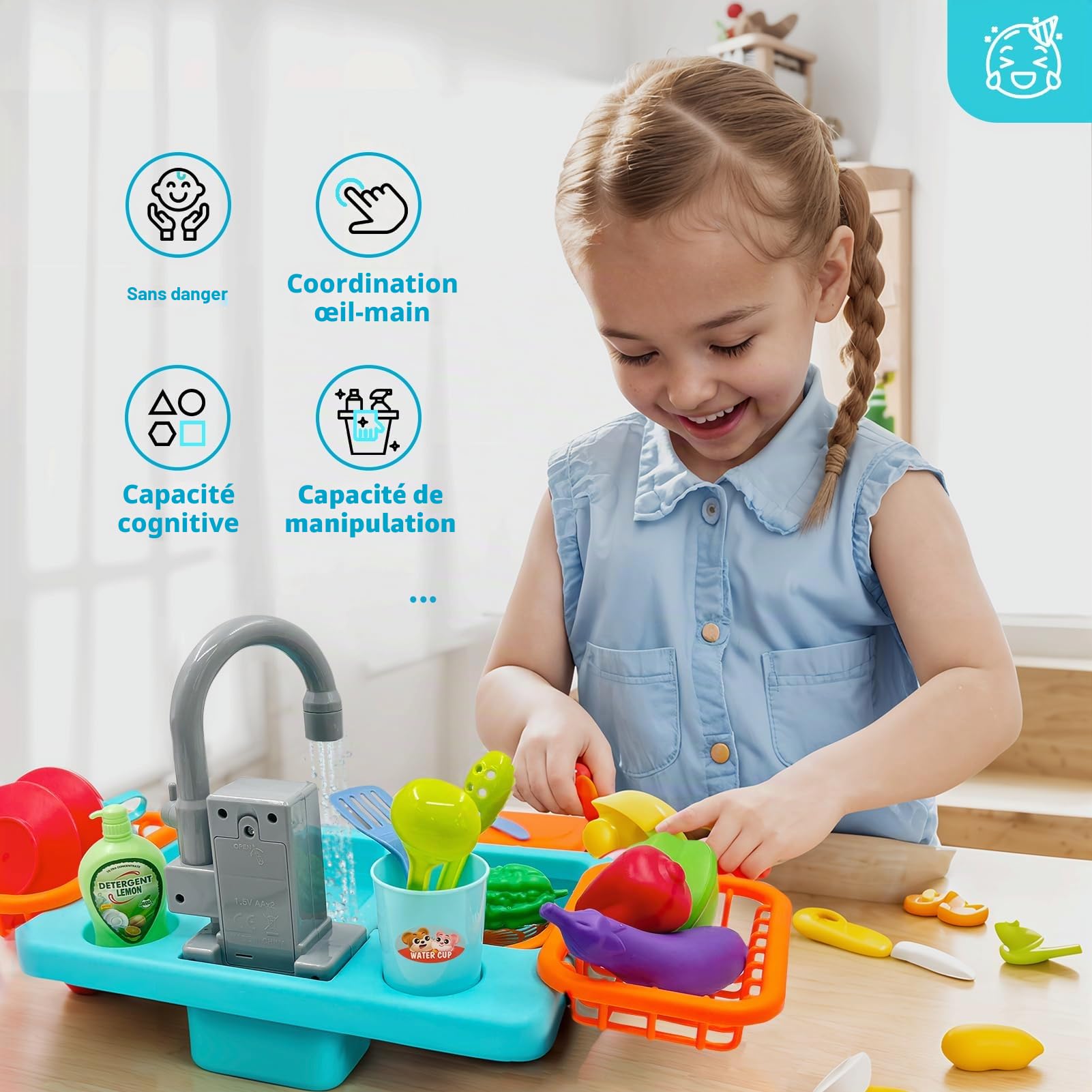Acelane Jeu d'Évier de Cuisine pour Enfants avec Robinet à Recyclage d'Eau, Jouets de Cuisine Accessoires avec Robinet Enfant Pompe, Évier Jouet Enfants 3+ Ans avec légumes jouets - Jeu de Rôle (Bleu)