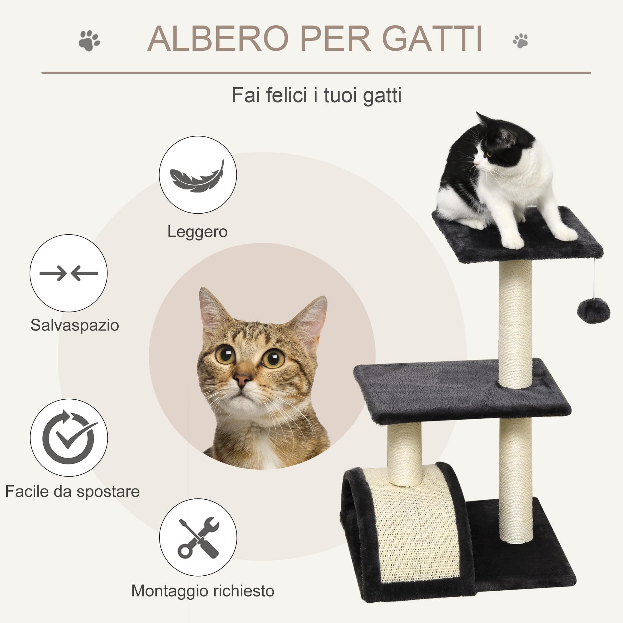 PawHut Albero Tiragraffi per Gatti a 3 Livelli 72 cm con Tappetino Tiragraffi ad Arco, Albero per Gatti Multilivello, Trespolo per Gatti con Pallina in Legno, Peluche e Sisal, Grigio