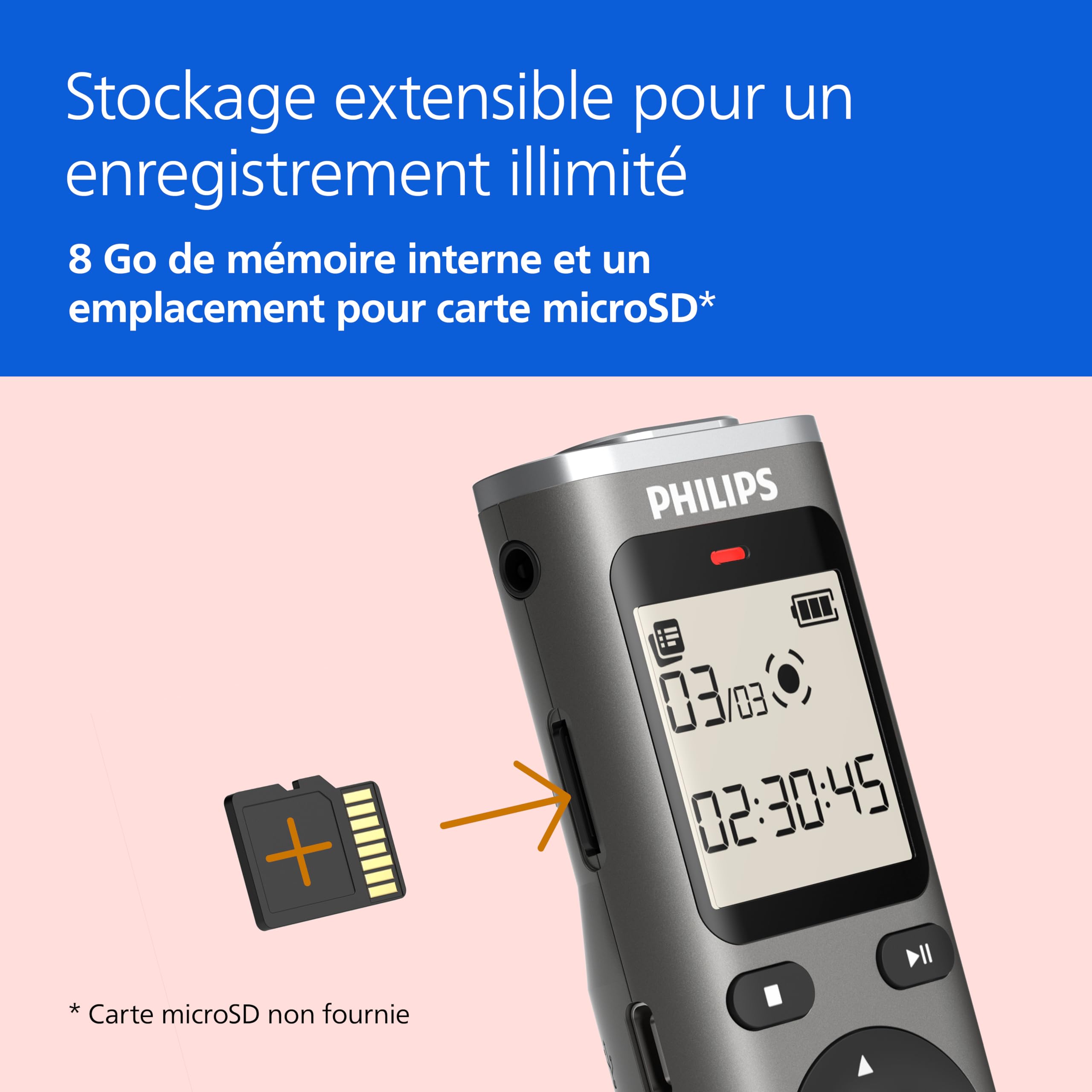 Philips DVT1170 VoiceTracer, enregistreur Audio, 8 Go, Fente pour Carte Micro SD
