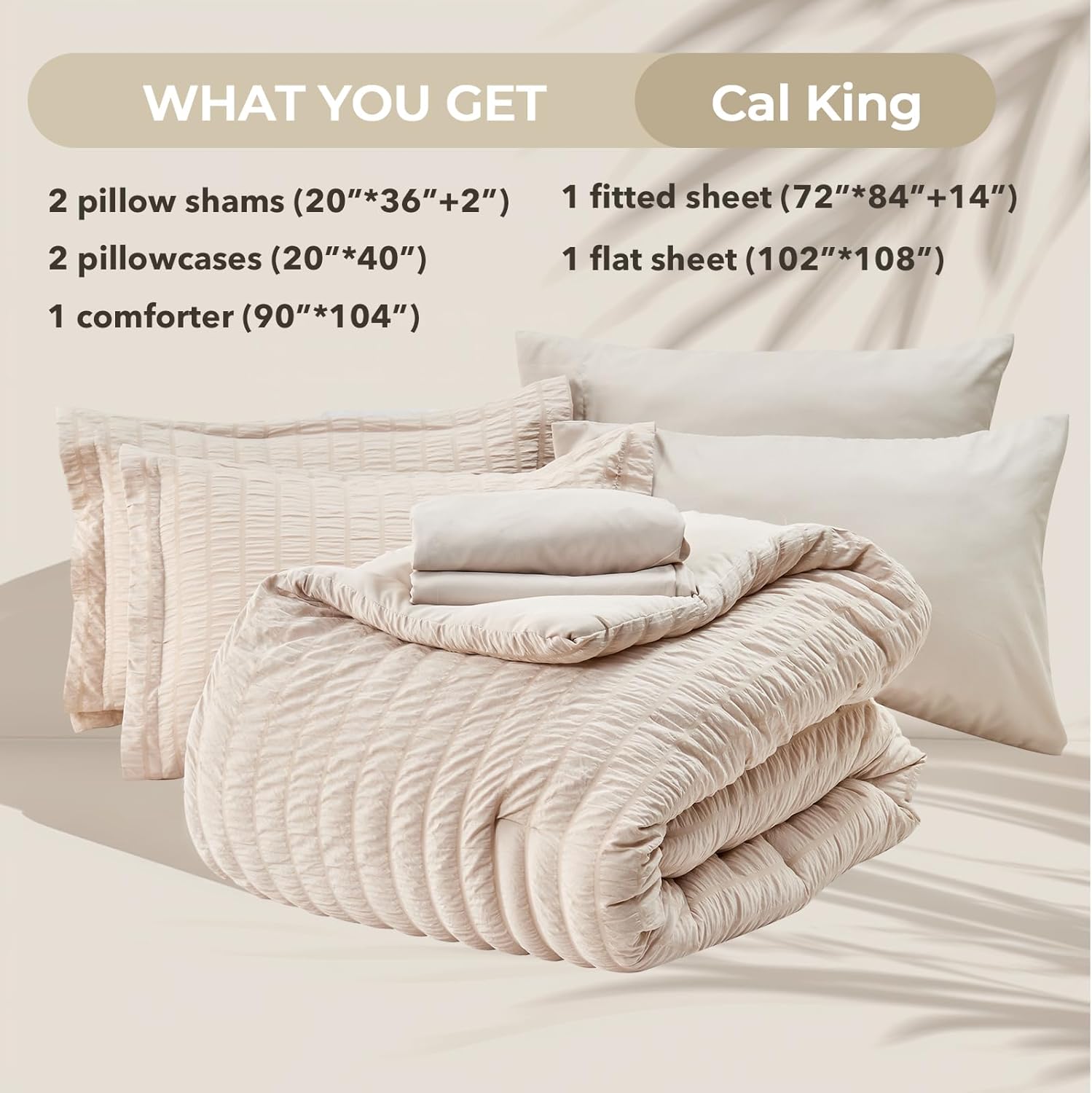 HYMOKEGE Beige California King Comforter Set Seersucker 7 Pieces, All Season Luxury Bed in a Bag for Bedroom, Bedding Set with Comforters, Sheets, Pillowcases & Shams - Image 6