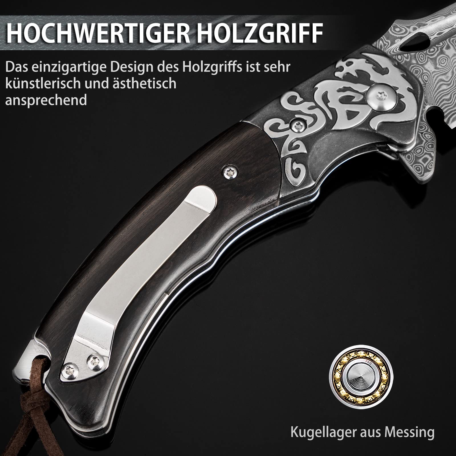 LOTHAR RHAEGAL Damast Klappmesser, Taschenmesser aus 67 Lagen VG10 Damaststahl, Damast Einhandmesser mit Holzgriff, für Sammlung oder Geschenk (Ebenholz)